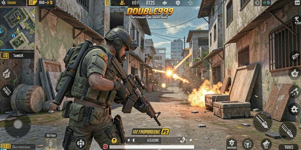 Gameplay menegangkan di DOUBLE999 dengan aksi FPS yang intens.