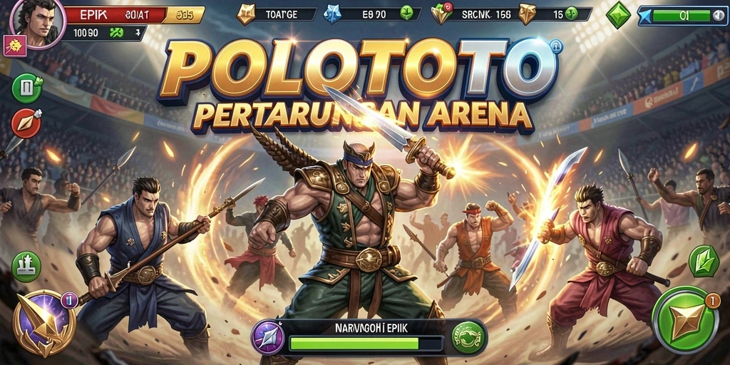 Screenshot gameplay POLOTOTO menampilkan pertarungan seru karakter dalam arena yang dinamis.